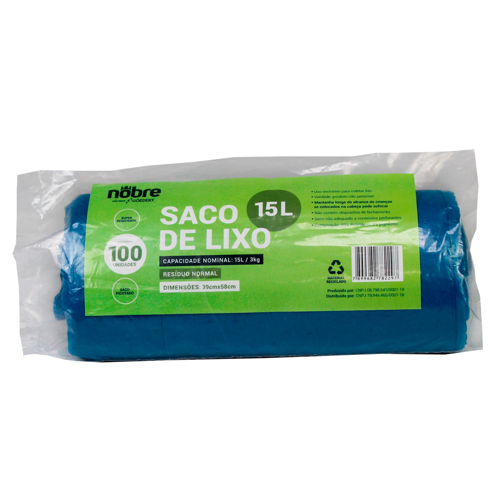 Saco Plástico p/ Lixo – 15 litros – Azul – c/ 100unid. – Nobre