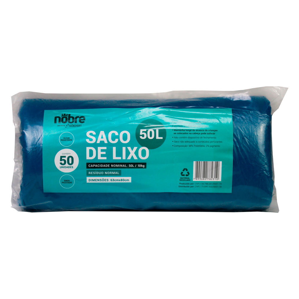 Saco Plástico p/ Lixo – Lixo Médio – 50 litros – Azul – c/50unid. – Nobre