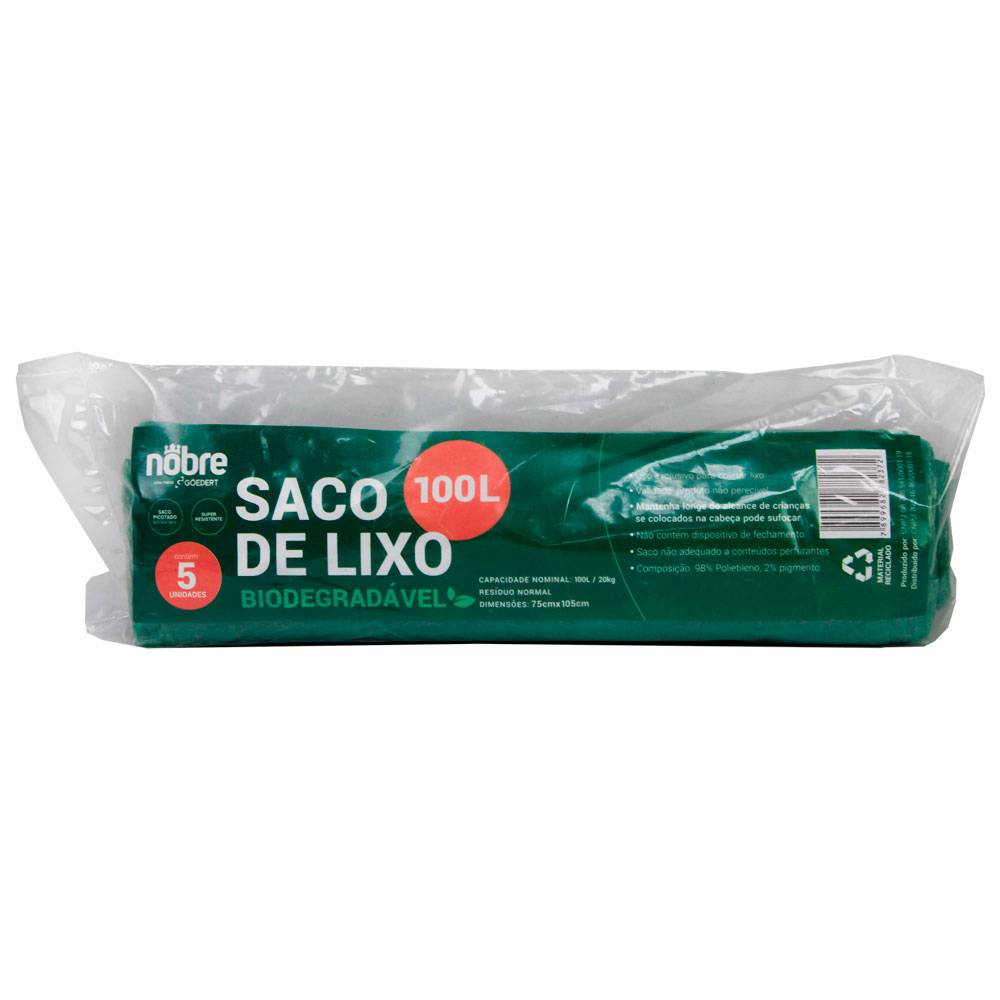 Saco Plástico p/ Lixo Biodegradável – 100 litros – Verde – c/5unid. – Nobre