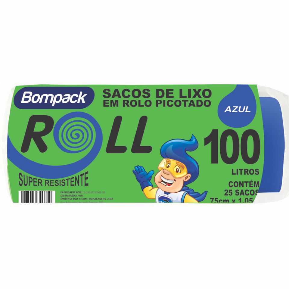 Saco Plástico p/ Lixo – 100L – Azul – c/ 25unid. – Bompack